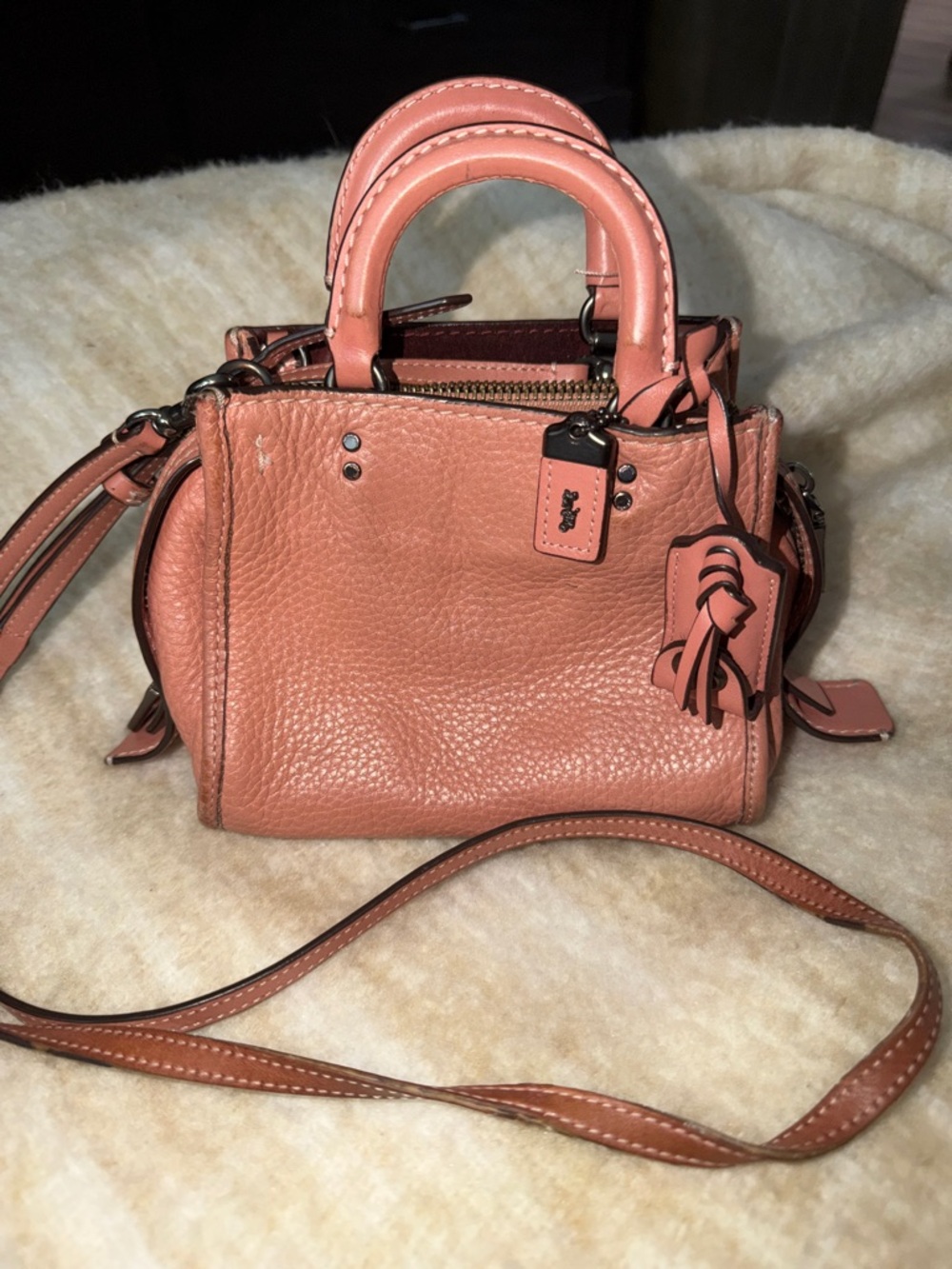 Coach Pebbled Rogue 17 Mini Leather Satchel in Coral
